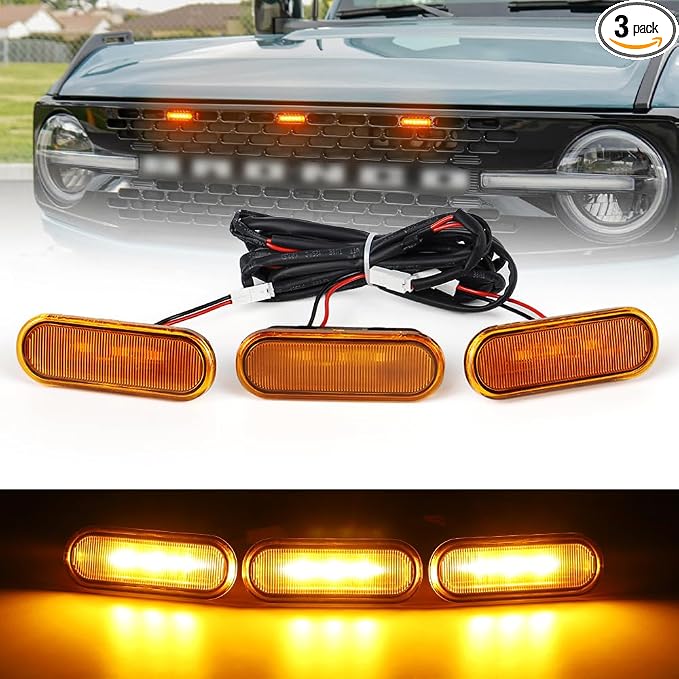 LED Grill Lights for Ford Bronco 2021 2022 2023 2024 2025 2/4-Door Badlands Wildtrak Everglades, Amber OEM Grille Lamps Kit Bronco Accessories(3 PCS)