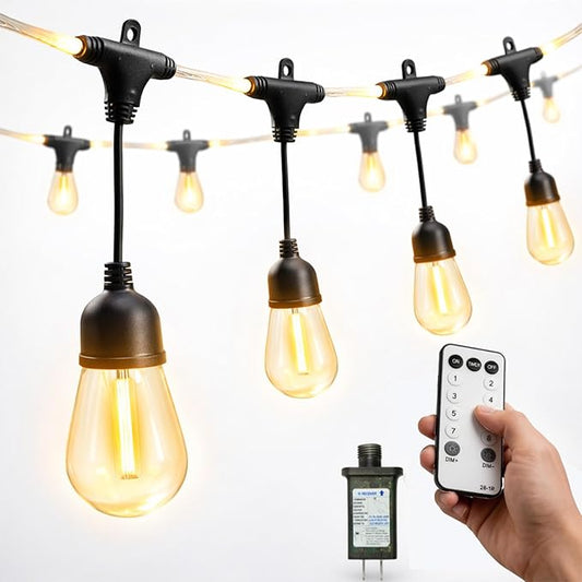 LED Outdoor Edison String Lights Waterproof with Remote 28.2FT, 12 Shatterproof Bulbs with Timer and IC Function, Patio & Backyard Lights, Dimmable Warm White 2700K, ETL Certified