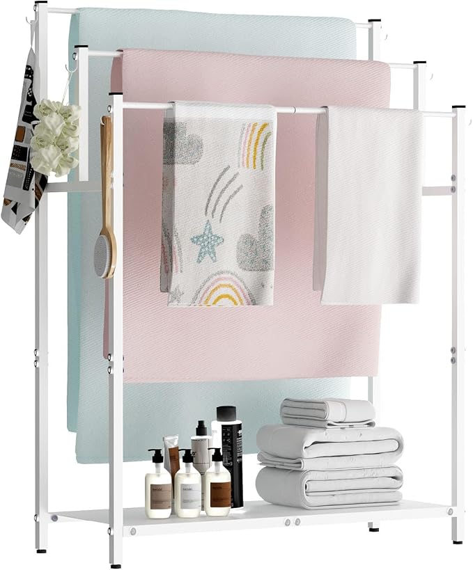 Mondazie 44” Free Standing Towel Racks for Bathroom Towel Storage, White | 3 Tier Oversized Pool Towel Drying Rack Outdoor, Blanket Ladder Holder with Shelf & 6 Hooks for Bedroom Living Room Poolside
