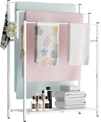 Mondazie 44” Free Standing Towel Racks for Bathroom Towel Storage, White | 3 Tier Oversized Pool Towel Drying Rack Outdoor, Blanket Ladder Holder with Shelf & 6 Hooks for Bedroom Living Room Poolside