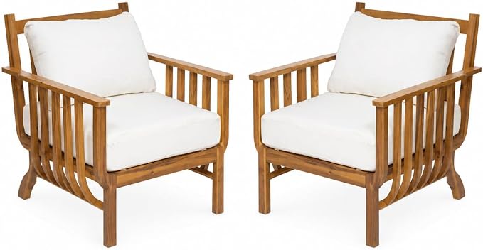 Christopher Knight Home Acacia Wood Outdoor Patio Club Chair Set of 2, Mid Century Modern Deep Seating Lounge Chairs with Armrests, Cushions & Back Pillows for Porch Balcony Backyard, Natural+Beige