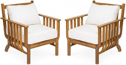 Christopher Knight Home Acacia Wood Outdoor Patio Club Chair Set of 2, Mid Century Modern Deep Seating Lounge Chairs with Armrests, Cushions & Back Pillows for Porch Balcony Backyard, Natural+Beige