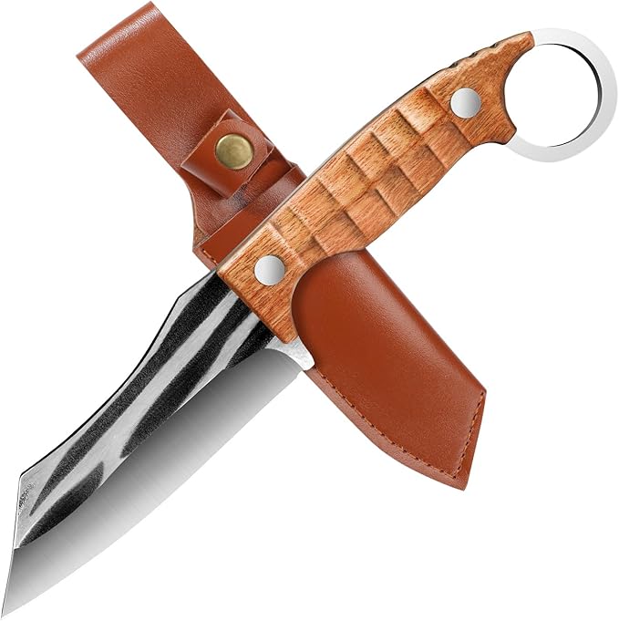 Plys Camping Knife 4” Fillet & Bushcraft, Fixed Blade Hunting Knives, Full-Tang Blade, Ergonomic Rosewood Handle with Finger Guard, Outdoor/Hiking/BBQ, Lanyard Hole, Gift Box
