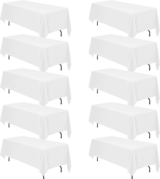 BRILLMAX 10 Pack White Tablecloths 70x120 Inch for 6-8ft Rectangle Tables | 150 GSM Polyester Fabric, Universal Fit, Water, Stain & Wrinkle Resistant Cloth Cover for Wedding Reception Banquet Party