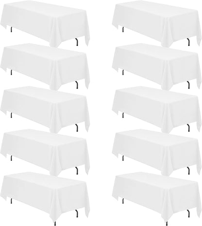 BRILLMAX 10 Pack White Tablecloths 70x120 Inch for 6-8ft Rectangle Tables | 150 GSM Polyester Fabric, Universal Fit, Water, Stain & Wrinkle Resistant Cloth Cover for Wedding Reception Banquet Party