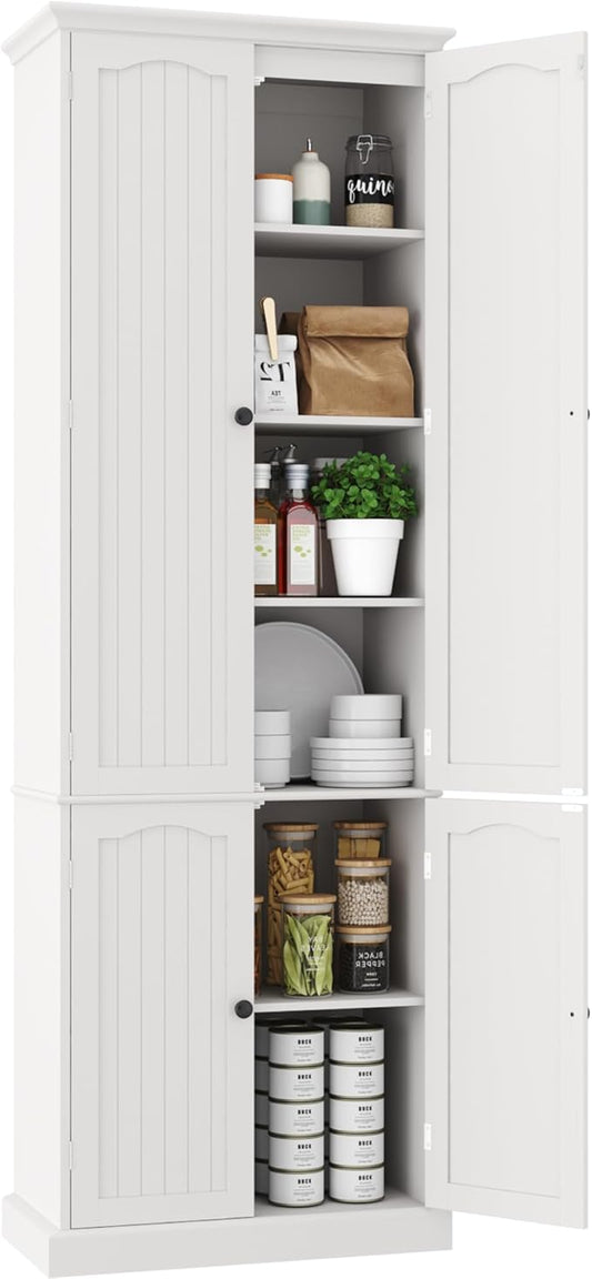Function Home 72" Kitchen Pantry Cabinet, Tall Wood Storage Cabinet with Doors and Adjustable Shelves, 6-Tier Freestanding Cupboard for Kitchen Dining Room Living Room Bathroom, White
