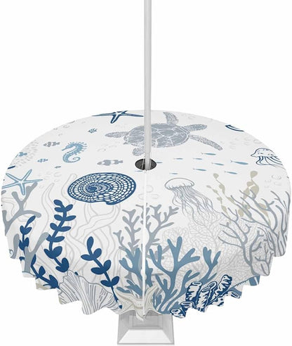 Blue Coastal Outdoor Tablecloth - 54 Inch Round Waterproof Dining Table Cover, Nautical Summer Beach Sea Turtle Coral Outdoor Table Cloth with Umbrella Hole & Zipper for Picnic/Patio/Party