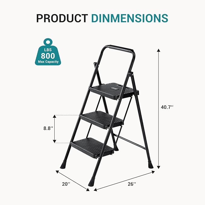 OLIXIS 3 Step Ladder, 800lbs Foldable Step Stool with Anti-Slip Pedal | Heavy Duty Portable Stepping Stool with Sturdy Steel Ladder & Handrail, for Kitchen, Garage, Outdoor Use - Black