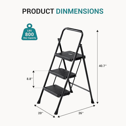 OLIXIS 3 Step Ladder, 800lbs Foldable Step Stool with Anti-Slip Pedal | Heavy Duty Portable Stepping Stool with Sturdy Steel Ladder & Handrail, for Kitchen, Garage, Outdoor Use - Black