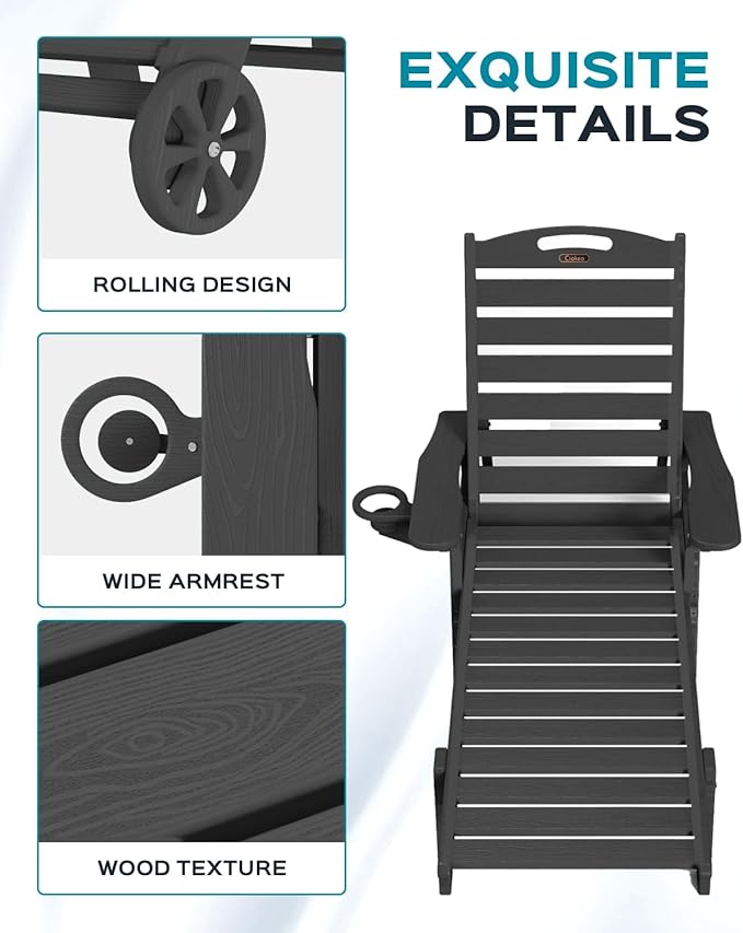 Ciokea Outdoor Chaise Lounge Chair Set of 2, Patio Lounge Chairs for Outside, HDPE Lounge Chairs with Wheels & Cup Holder, Poly Lounge Chair with 5 Position for Poolside, Deck, Black