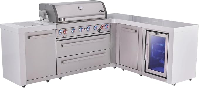 Mont Alpi Deluxe 94"W x 75"D x 46"H Stainless Steel L-shaped Modular Outdoor Kitchen Island with Refrigerator + 44"W 6-Burner BBQ Grill + Granite Countertops + Storage Cabinets + Rotisserie + Cover