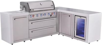 Mont Alpi Deluxe 94"W x 75"D x 46"H Stainless Steel L-shaped Modular Outdoor Kitchen Island with Refrigerator + 44"W 6-Burner BBQ Grill + Granite Countertops + Storage Cabinets + Rotisserie + Cover