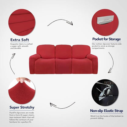 PureFit Super Stretch 3 Seats Recliner Sofa Couch Cover with Pocket | Non Slip Soft Sofa Slipcover, Washable Spandex Reclining Furniture Protector for Kids, Pets (Recliner Sofa, Red)