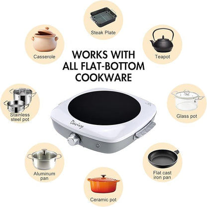Davivy Single Burner Electric Hot Plate, 1200W Portable Cooktop with Scratch-Resistant Ceramic Glass, Lightweight 3.1lbs with Handle for Easy Carry – Ideal for Travel, Dorms, and Home Kitchen