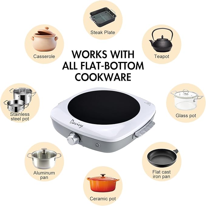 Davivy Single Burner Hot Plate with Sturdy Handle, 7.9 inch Ceramic Glass Cooktop, 1200W Infrared Cooker, Compatible Of All Cookware, White