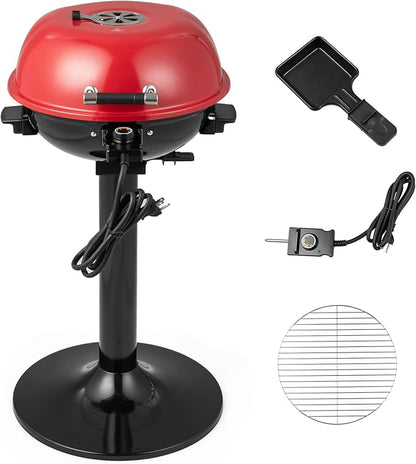 COSTWAY Electric BBQ Grill, Portable Grill with Metal Cooking Grilling Rack, Detachable Temperature Control & Removable Grease Collector, Outdoor Freestanding Grill for Camping &Tailgating (Red)