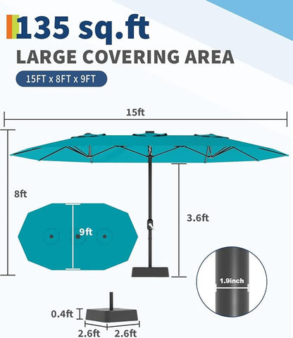 GarveeLife 15 ft Large Patio Umbrella with Lights, 36 LED Lights Double-sided Patio Umbrella with Weighted Base for Poolside Garden Backyard
