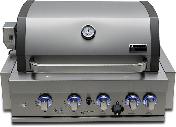 Mont Alpi Built-in MABi400-COMBO 32-Inch 4-Burner 63000 BTU Built-In Stainless Steel Outdoor Kitchen Island Gas BBQ Grill + Glass Door Compact Refrigerator + Charcoal Tray & Griddle Plate Combo