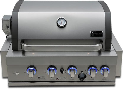 Mont Alpi Built-in MABi400-COMBO 32-Inch 4-Burner 63000 BTU Built-In Stainless Steel Outdoor Kitchen Island Gas BBQ Grill + Glass Door Compact Refrigerator + Charcoal Tray & Griddle Plate Combo