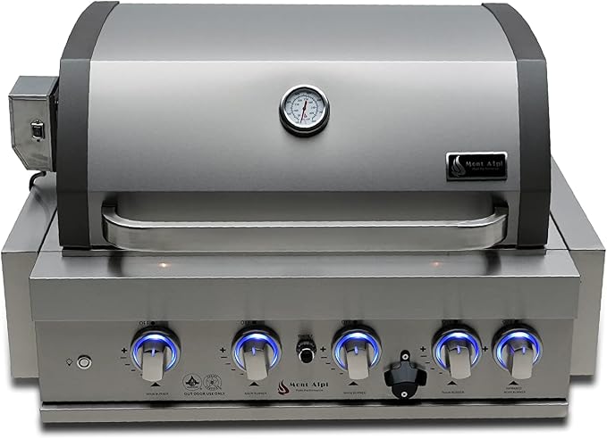 Mont Alpi Premium 32"W x 23"D x 21"H Stainless Steel 4-Burner 63000 BTUs Outdoor Kitchen Kitchen Island Heavy Duty Propane Built-in BBQ Grill Head with Infrared Rear Burner + Rotisserie Kit + Cover
