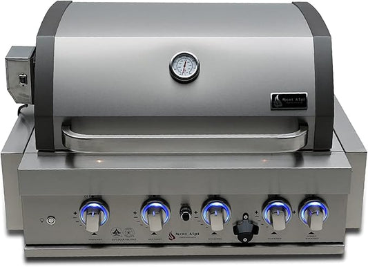 Mont Alpi Premium 32"W x 23"D x 21"H Stainless Steel 4-Burner 63000 BTUs Outdoor Kitchen Kitchen Island Heavy Duty Propane Built-in BBQ Grill Head with Infrared Rear Burner + Rotisserie Kit + Cover