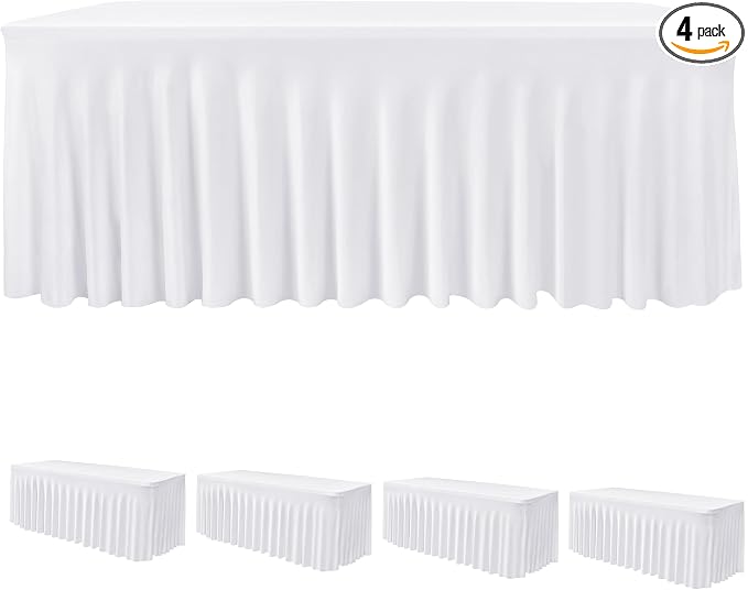 4 Pack White Spandex Table Covers 4ft Rectangle Ruffle Skirts for Party | Elastic Table Covers 4 Foot, Pleated Fitted Table Cloths, Wrinkle Resistant Elegant Table Skirts Wedding, Banquets