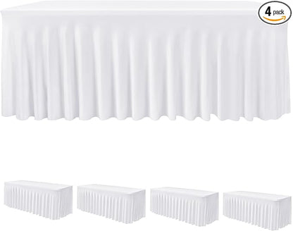 4 Pack White Spandex Table Covers 6ft Rectangle Ruffle Skirts for Party | Elastic Table Covers 6 Foot, Pleated Fitted Table Cloths, Wrinkle Resistant Elegant Table Skirts Wedding, Banquets