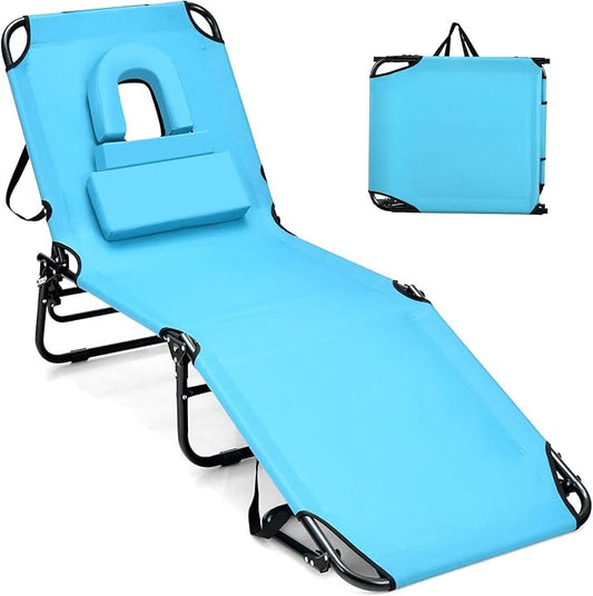 GYMAX Tanning Chair, 330lbs Beach Lounge Chair with Face Hole, Detachable Washable Pillow & Carry Strap, Adjustable Folding Chaise Lounge, Layout Chair for Outside, Patio, Poolside, Lawn (1, Arctic)