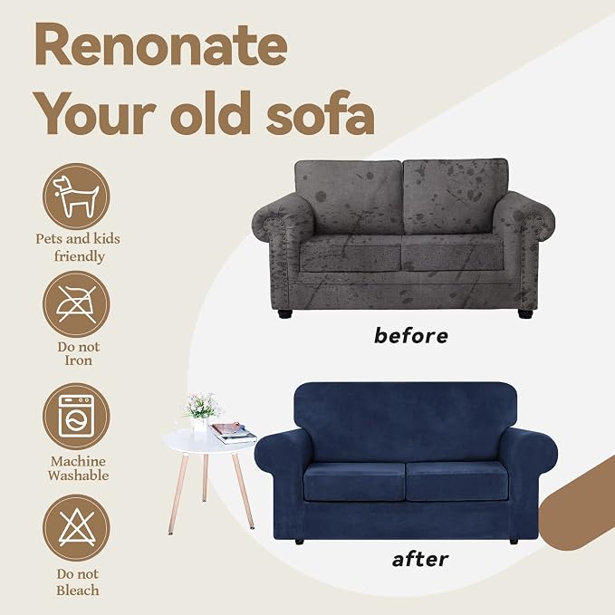WEERRW Velvet Stretch 3 Pieces Couch Cover for Sofa Washable, Navy Blue | Love Seat Couch Covers for 2 Cushion Couch Sofa Furniture Protector slipcoves with Elastic Bottom for Kids, Medium