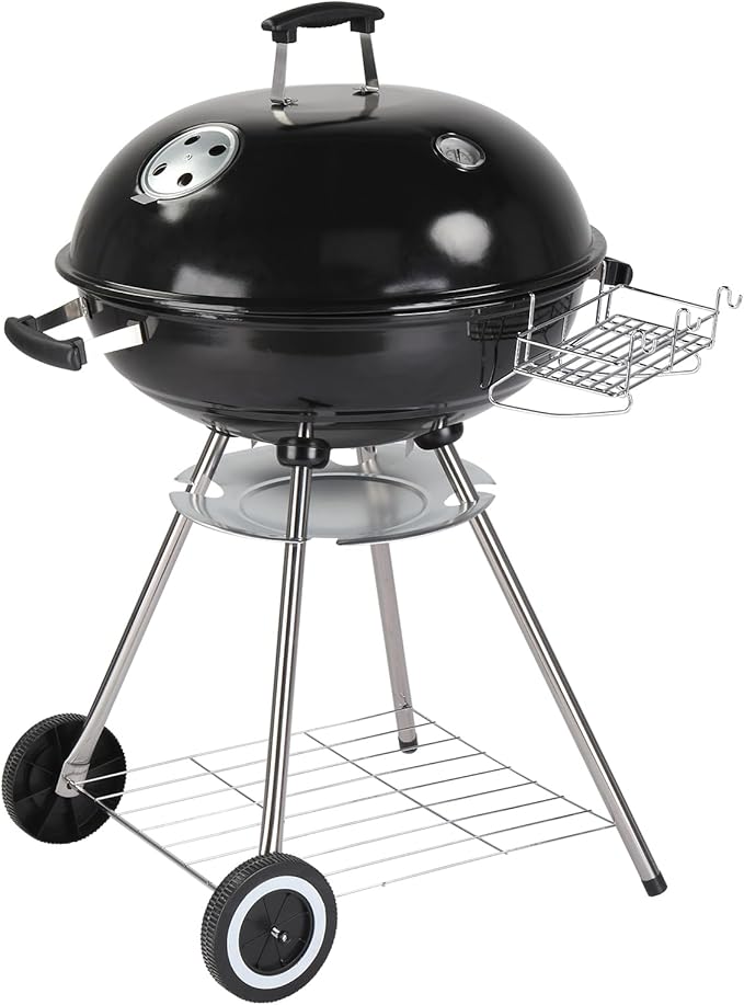 28-Inch Portable Charcoal Grill with Wheels and Storage Holder, Porcelain-Enameled Lid and Ash Catcher & Thermometer, Round Barbecue Kettle Grill Bowl Wheels for Outdoor Party Camping Picnic