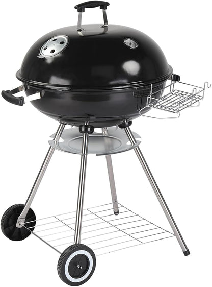 28-Inch Portable Charcoal Grill with Wheels and Storage Holder, Porcelain-Enameled Lid and Ash Catcher & Thermometer, Round Barbecue Kettle Grill Bowl Wheels for Outdoor Party Camping Picnic