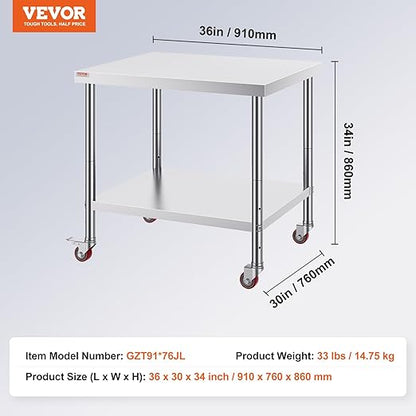 Vevor 30x36x34 Inch Stainless Steel Work Table 3-Stage Adjustable Shelf with 4 Wheels Heavy Duty Commercial Food Prep Worktable with Brake for Kitchen Prep Work