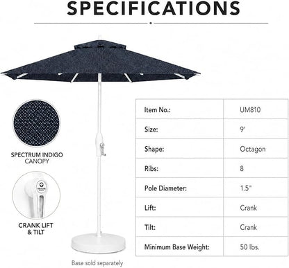Treasure Garden 9ft Patio Umbrella - Outdoor Furniture Market Umbrella – Deluxe Auto-Tilt – White Aluminum Frame (Sunbrella, Spectrum Indigo)