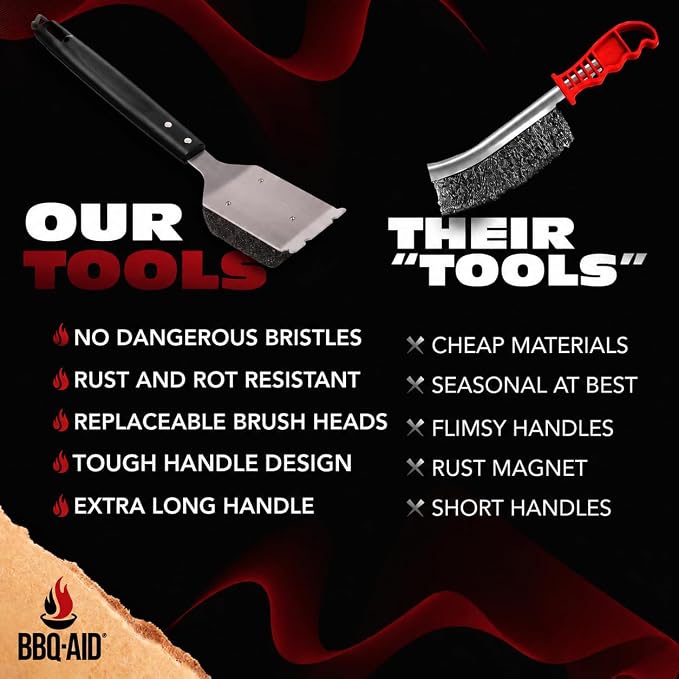Bristle Free Grill Brush Cleaner and Scraper for Barbecue, Replaceable Head | Safe Bristle-Free Stainless Steel Scrub Pad with Heavy-Duty Scraper & Long Black Handle, Safe on Any Grill Grate
