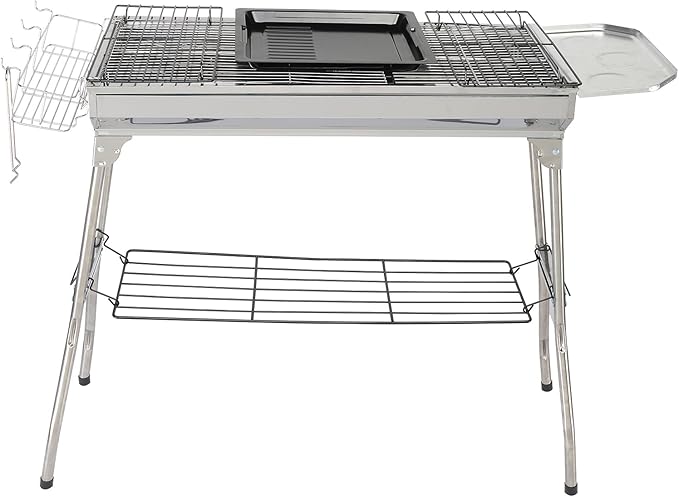 Portable Charcoal Grill Stainless Steel Barbecue Grill Folded Outdoor BBQ Grill with 1 Baking Tray & Anti-Scalding Handle, for Garden Backyard Party Picnic Travel Outdoor Cooking Use, 39.37in