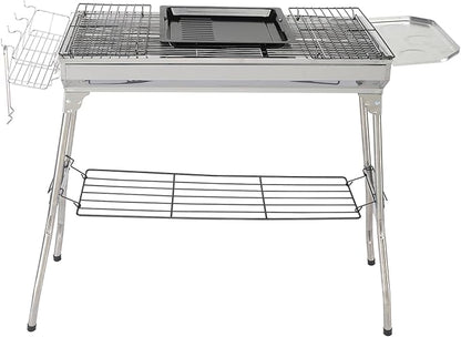 Portable Charcoal Grill Stainless Steel Barbecue Grill Folded Outdoor BBQ Grill with 1 Baking Tray & Anti-Scalding Handle, for Garden Backyard Party Picnic Travel Outdoor Cooking Use, 39.37in