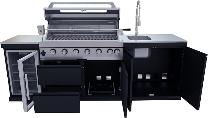 96-Inch 6-Burner Propane Gas Outdoor Kitchen Grill Island - 85000 BTU Stainless Steel BBQ, Refrigerator, Rotisserie, Stainless Countertops, Soft-Close Storage, For Patio, Lawn, Backyard, Black