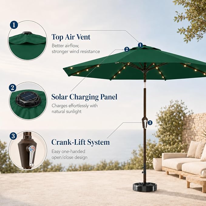 11FT Solar Patio Umbrella with Lights, Outdoor Table Market Umbrella with 32 LED Lights, 8 Sturdy Ribs, Smooth Crank Lift for Pool, Deck and Garden, UV-Resistant