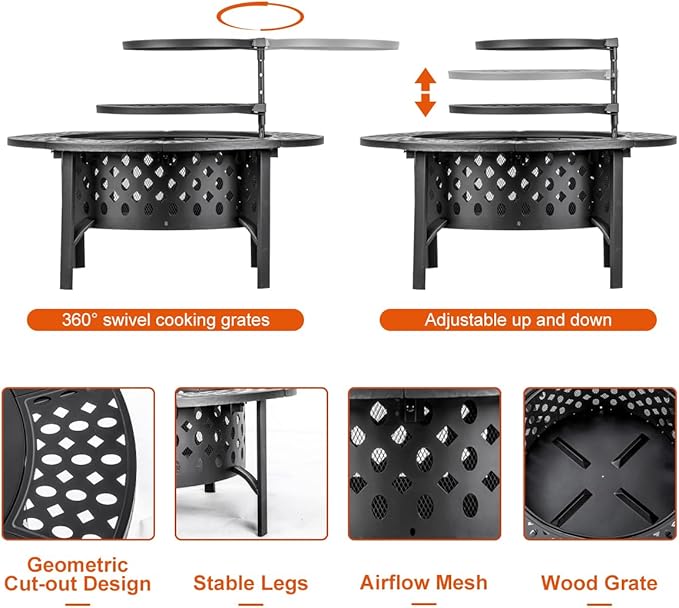 OutVue 36 Inch Fire Pit with 2 Grills, Wood Burning Fire Pits for Outside with Lid, Poker and Round Waterproof Cover, BBQ& Outdoor Firepit & Round Metal Table 3 in 1 for Patio, Picnic, Party