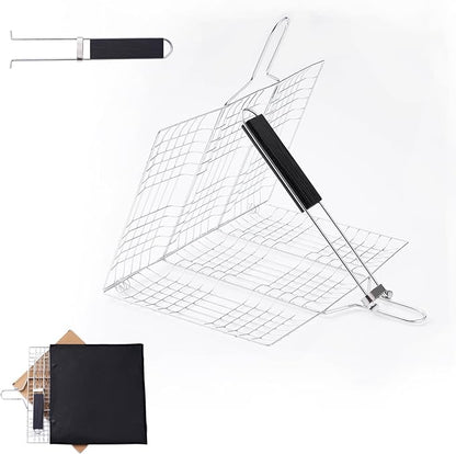 Grill Basket for Veggies, Fish Grill Basket, Folding Portable Stainless Steel BBQ Grilling Baskets for Outdoor Grill (Stainless Steel)