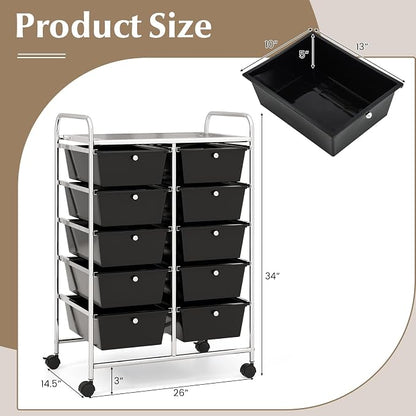 HOMGX Rolling Cart with 10 Drawers, 10 Tiers Multicolor Trolley, Drawer Bin Carts with 2 Lockable Wheels, Adjustable File & Debris Organizer Cart, Rolling Storage Cart for Office, School, Home