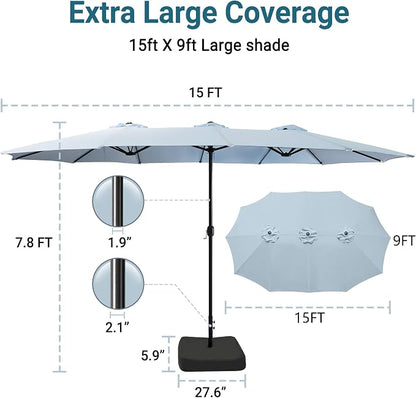 15ft Patio Umbrella with Base, 10-Year-No-Fade Large Outdoor Double-Sided Market Umbrella with UPF50+Terylene Polyester Fabric and Crank for Poolside Garden Deck Backyard Beach Pools