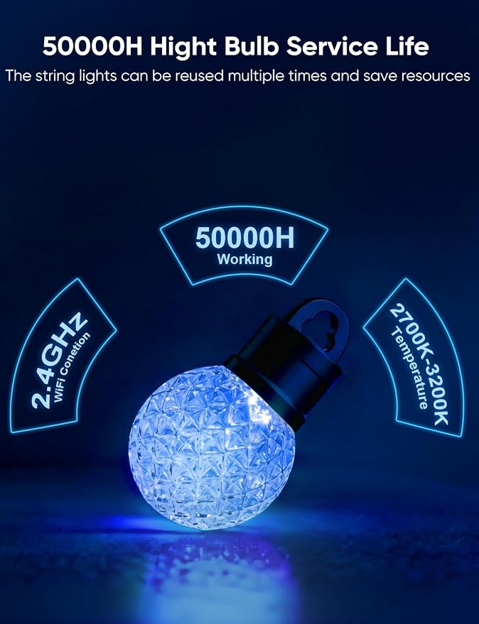 Smart Outdoor String Lights 100ft, RGBW Patio Light with 50 LED Bulb | IP65 Waterproof, 111 Scene Modes, Dimmable Warm White, Individual Control, Outdoor Patio Lights Compatible with Alexa, Google