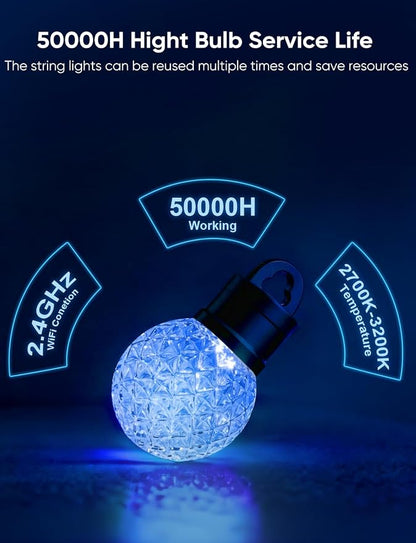 Smart Outdoor String Lights 100ft, RGBW Patio Light with 50 LED Bulb | IP65 Waterproof, 111 Scene Modes, Dimmable Warm White, Individual Control, Outdoor Patio Lights Compatible with Alexa, Google