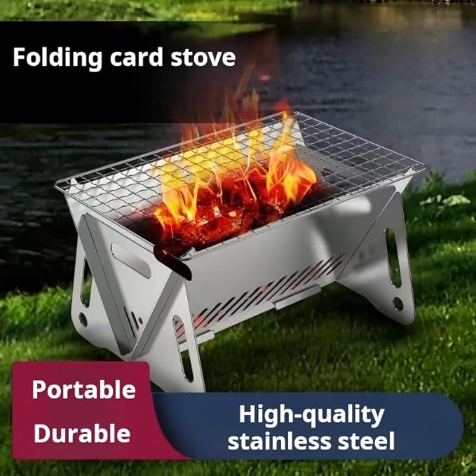 Portable Folding Charcoal Grill, Stainless Steel, Compact BBQ for Camping, Outdoor Cooking