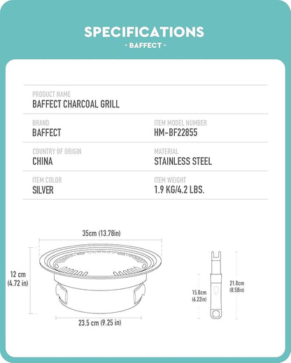 Baffect BBQ Charcoal Grill, 13.7 inch Non-stick Stainless Steel Korean Barbecue Grill, Portable Charcoal Stove for Outdoors Camping Picnic and Indoor Party Cooking