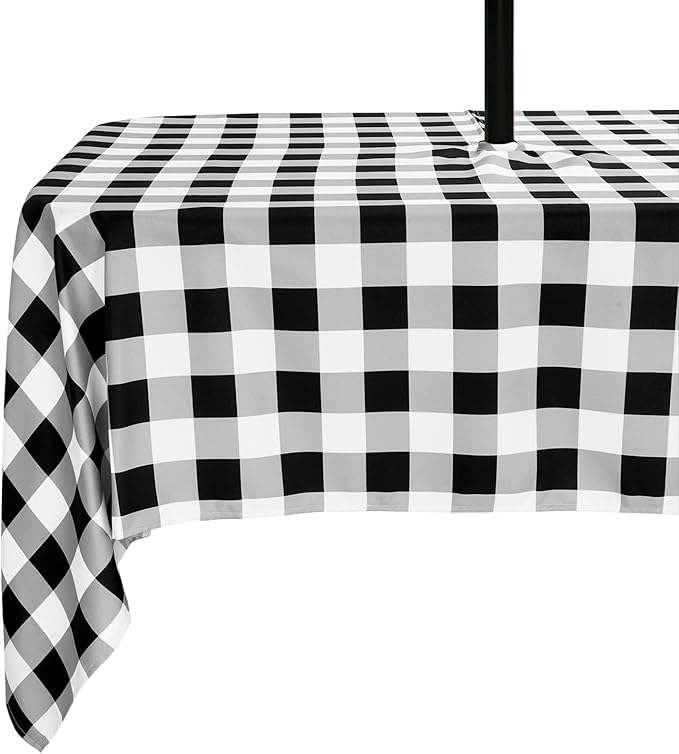 Poise3EHome Rectangle Outdoor Tablecloth with Umbrella Hole and Zipper,Black and White Gingham 70x52 Inch, SpillProof Washable Table Cloth for Spring Summer Patio Garden Poolside Picnic Camping BBQS