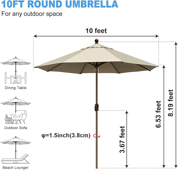 Eurmax USA 10-Year-Non-Fading 10FT Outdoor Patio Market Umbrella,UPF50+ UV Resistant Sun Shade,Heavy Duty Commercial Grade,Crank Lift Design,Windproof Vented Top for Garden,Pool,Deck,Antique Beige