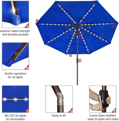 EliteShade USA 10-Year-Non-Fading 9ft 3-Tier Market Patio Umbrella, Commercial Table Umbrella with 80 Solar LED Lights, Crank Open, Windproof & UPF 50+ UV Protection for Garden, Deck, Pool, Backyard, Royal Blue