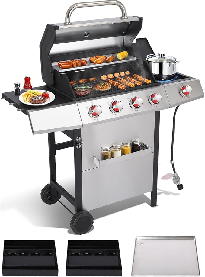 Dual Fuel 4-Burner Gas Grill with Side Burner & Charcoal Trays, 4-in-1 Outdoor BBQ & Griddle Combo, Cast Iron Grates + Flat Top, 448 sq in Large Portable for Backyard Camping